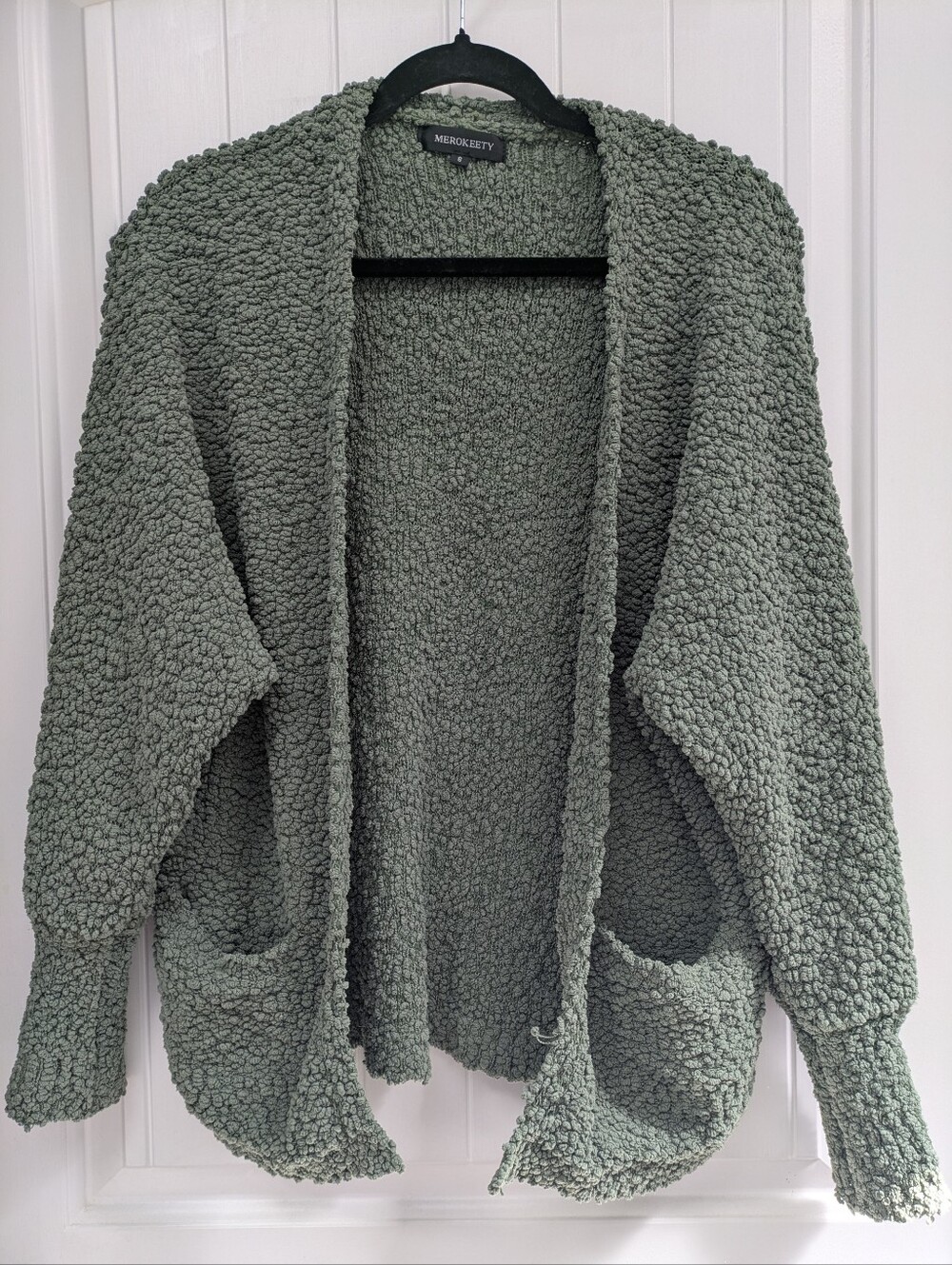 Merokeety Olive Green Sherpa Open Cardigan Sweater